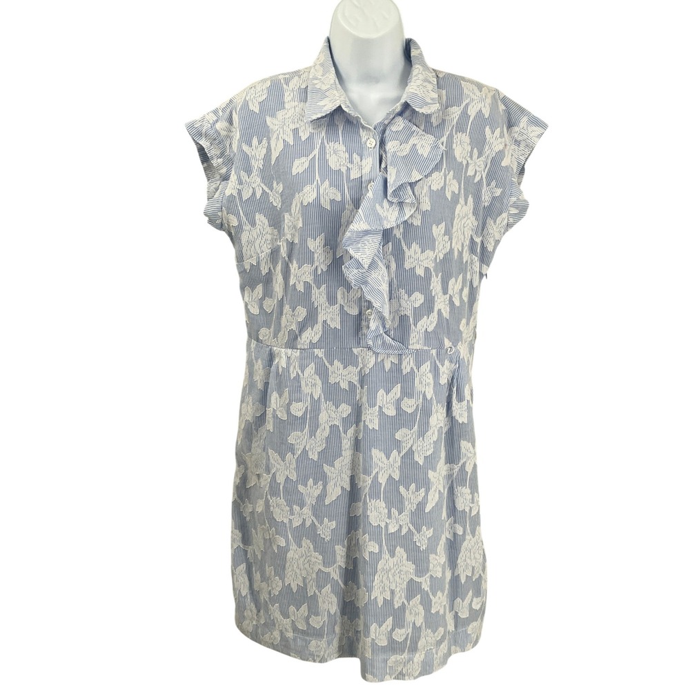 Tahari Shirt Dress Womens 10 Blue Cotton Seersucker Floral Ruffle Classic Preppy